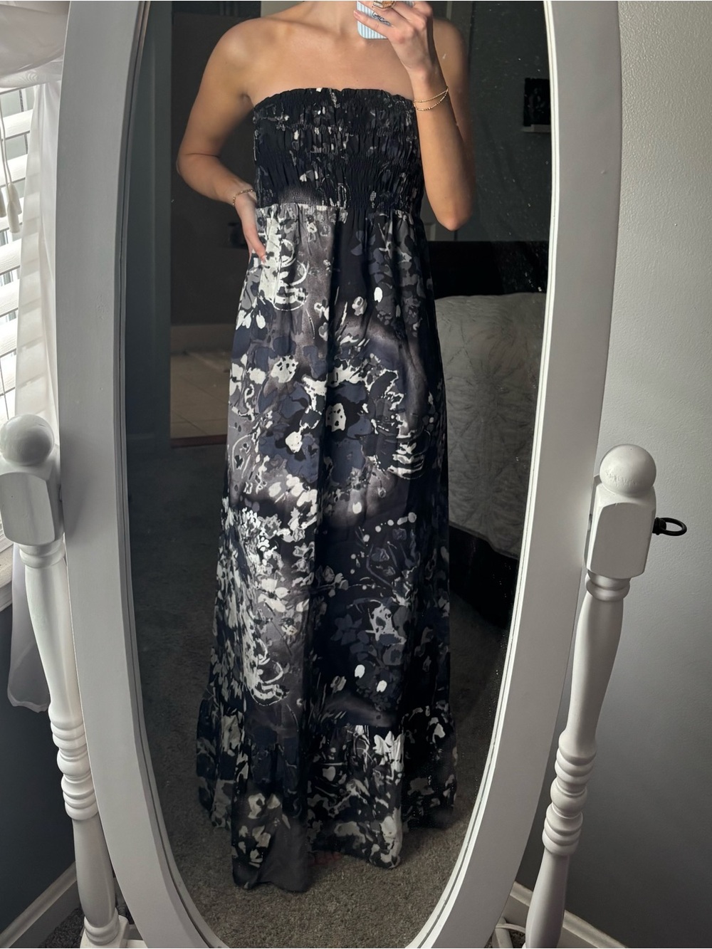 Express Black and White Strapless Floral Maxi Dress